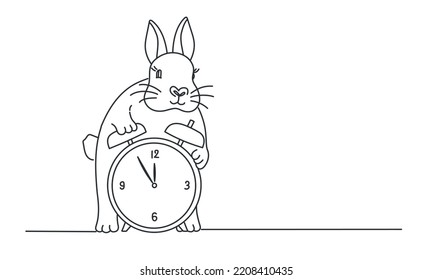 Funny rabbit with an alarm clock, five minutes to twelve. Hand drawn vector illustration. Black and white.