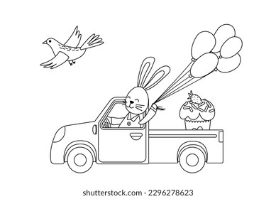 Funny rabbit with balloons on pickup. Coloring page. Black and white cupcake on truck. Color me. Isolated vector illustration eps 10
