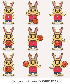 Funny Rabbit Basketball cartoon set. Rabbit Basketball set. Cute cartoon character vector set isolated on a white background. Cartoon animal sport. Animal cartoon. 