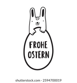 Funny rabbit with big egg. Frohe Ostern. Happy Easter in German. Outline design. Illustration.