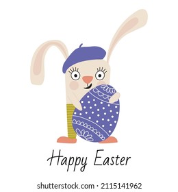 A funny rabbit in a blue beret holds a painted Easter egg. happy easter. Vector illustration with easter symbols for holiday poster, banner, greeting cards.