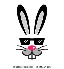 Funny rabbit boy face with sunglasses. Cute Easter bunny design for kids. Isolated vector illustration in flat style