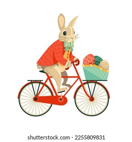 Funny Rabbit Bunny ride Bicycle with Easter Eggs. Happy Easter religion holiday traditional symbol design element illustration. Festive family fun, egg hunt event invitation background vector template