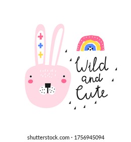 Funny rabbit. Can be used for shirt design, fashion print design, kids wear, textile design, greeting card. WILD AND CUTE.