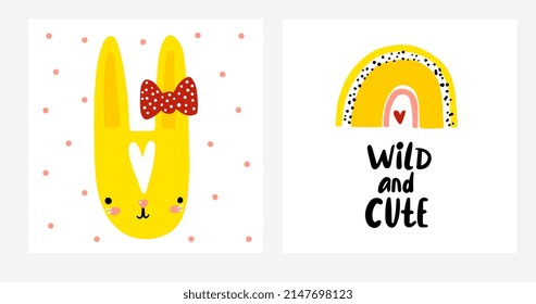 Funny rabbit. Can be used for shirt design, fashion print design, kids wear, textile design, greeting card. WILD AND CUTE.
