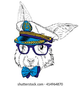 Funny rabbit in the captain's cap. Vector illustration.