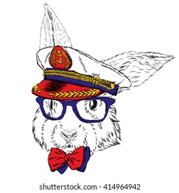 Funny rabbit in the captain's cap. Vector illustration.