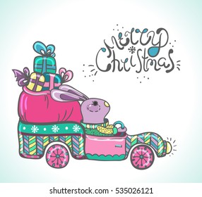 Funny rabbit in the car with gifts illustration, New Year 2017, Vector