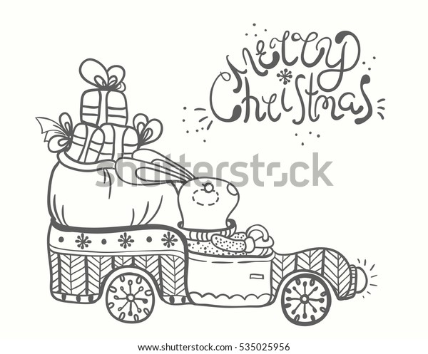 Funny rabbit in the car with gifts illustration,\
New Year 2017, Vector