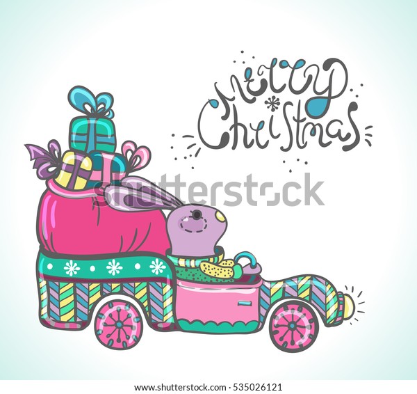 Funny rabbit in the car with gifts illustration,\
New Year 2017, Vector
