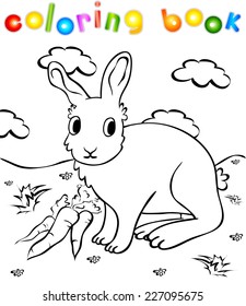 Funny rabbit with carrots coloring book. Vector illustration for children