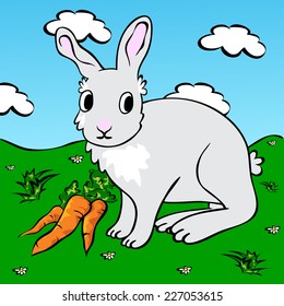 Funny rabbit with carrots. Vector illustration for children
