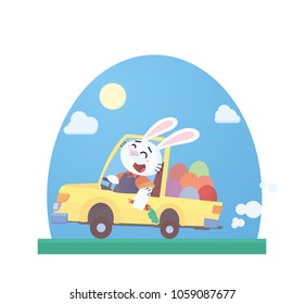 funny rabbit is carrying Easter eggs