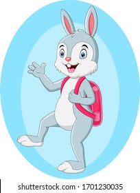 Caricatura divertida de conejo yendo a la escuela