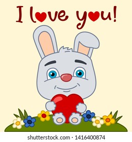 Funny rabbit in cartoon style with red heart in paws and text I love you - Valentine's day greeting card.
