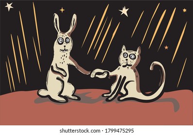 Funny rabbit and cat holding hands. Cartoon illustration.