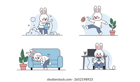 Personagens engraçados de coelho envolvidos em atividades diárias e hobbies