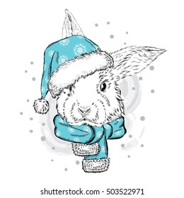 Funny rabbit in Christmas hat. Vector illustration. Christmas and New Year.