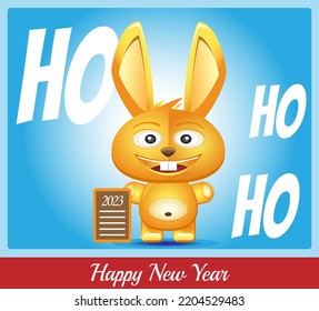 Funny rabbit with congratulations. Happy New Year! Postcard with a cheerful bunny. Merry Christmas! Vector postcard in cartoon style.
