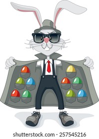 Funny Rabbit with Contraband Easter Eggs Vector Cartoon - Vector cartoon of funny gangster rabbit with multicolored Easter eggs 