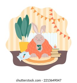 Funny rabbit in a cozy home interior with plaid and tea mug. Cute bunny in the autumn. Vector illustration for postcards, design and decor. Year of the Rabbit.