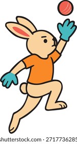 Funny rabbit cricketer catching a ball in mid-air vector illustration. Cute bunny wicketkeeper character wearing orange shirt and blue gloves in action. Minimalist sports icon design for cricket fans, gaming, and branding projects