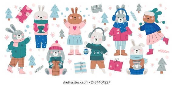 Funny rabbit, cute bunny characters wearing warm winter clothes outwear accessories holding gift box, sweet holiday dessert, Christmas tree bauble for decoration and rejoicing snow vector illustration