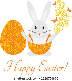 Funny rabbit and easter egg. Flat design for Easter greeting card. Vector