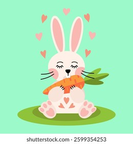 Funny rabbit eating carrot. Cute cartoon bunny character with hearts, flat vector illustration.