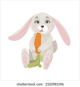 Funny Rabbit eats a carrot in a cartoon style. Hare is a farmer. Vector illustration isolated on white background.