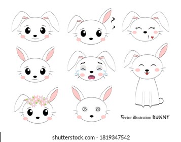 Funny rabbit emotions. The face of the rabbit with different emotions.Set of hares with different facial expressions. Cute rabbit cartoon character.Animal cute character illustration isolated on white