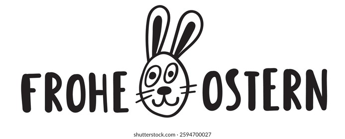 Funny rabbit face. Frohe Ostern. Happy Easter in German. Outline illustration on white background.