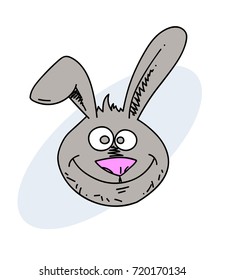 Funny rabbit face hand drawn cartoon image. Freehand artistic illustration.