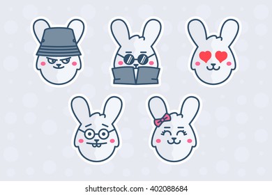 Funny rabbit face set in color. Emotions in vector.