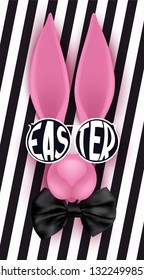 Funny rabbit face with sunglasses and bow tie. Easter background. Vector illustration