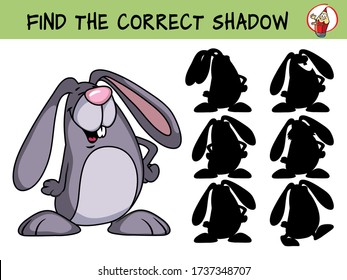 Funny rabbit. Find the correct shadow. Educational matching game for children. Cartoon vector illustration