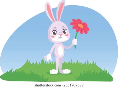 Funny rabbit with flower. Spring nature cartoon mascot isolated on white background