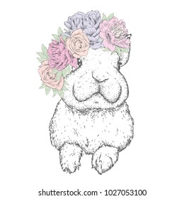 Funny rabbit in a flower wreath. Vector illustration. Peonies and roses.
