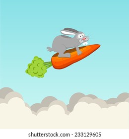 Funny rabbit flying on carrots, vector