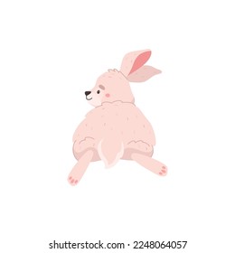 Funny rabbit with furry tail lying on its stomach, cartoon flat vector illustration isolated on white background. Cute bunny character, great for kids and nursery designs. Cheerful animal.