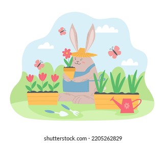 Funny rabbit gardener in a straw hat and denim apron. Cute bunny plants flowers and sprouts in pots in the spring. Vector illustration for postcards, design and decor