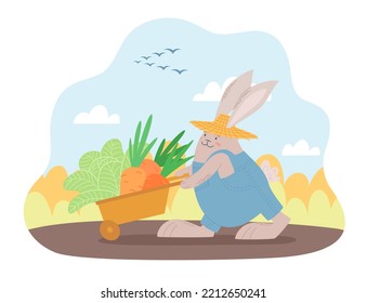 Funny rabbit gardener in a straw hat and denim jumpsuit. Cute bunny harvesting carrots and cabbage in the autumn. Vector illustration for postcards, design and decor. Year of the Rabbit.