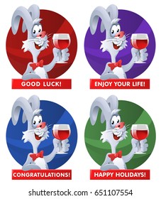Funny rabbit giving a toast. Good luck! Enjoy your life! Happy Holidays! Congratulations! Cartoon styled vector illustration. Elements is grouped and divided into layers. 