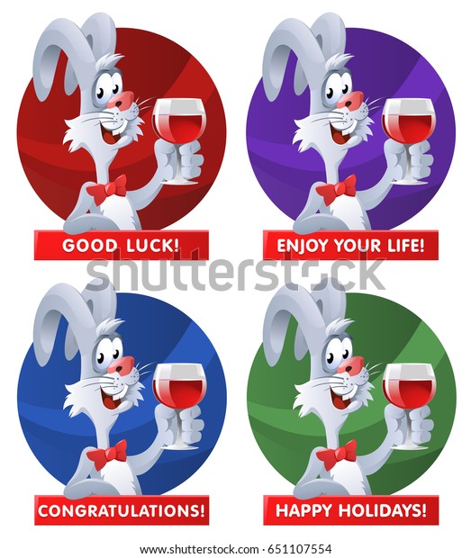 Funny rabbit giving a\
toast. Good luck! Enjoy your life! Happy Holidays! Congratulations!\
Cartoon styled vector illustration. Elements is grouped and divided\
into layers. 