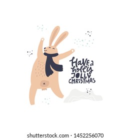 Funny rabbit hand drawn flat color illustration. Have a holly jolly Christmas black lettering. Cute woodland animal in scarf cartoon character. Xmas sketch drawing. Winter greeting card design
