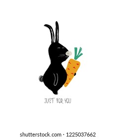 Funny rabbit holding a big carrot. Love greeting card or poster with phrase - just for you.