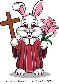Funny rabbit holding Easter lilies and christian sign vector art illustration
