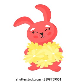 Kaninchen, die Blumen halten. Cute Tier im Cartoon-Stil. Vektorgrafik für Designs, Ausdrucke und Muster. Einzeln auf weißem Hintergrund.