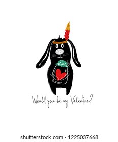 Funny rabbit holding a jar with red heart. Valentine's day greeting card.
