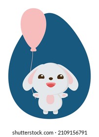 Funny rabbit holding pink balloon in hand on egg background Decorative Easter illustration Design element Isolated on white background Vector illustration